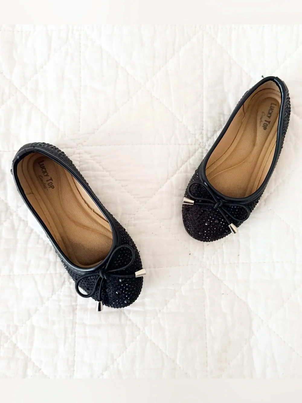 Lucky Top Kids Girls Black Rhinestone Ballet Flats with Bow Accent 9